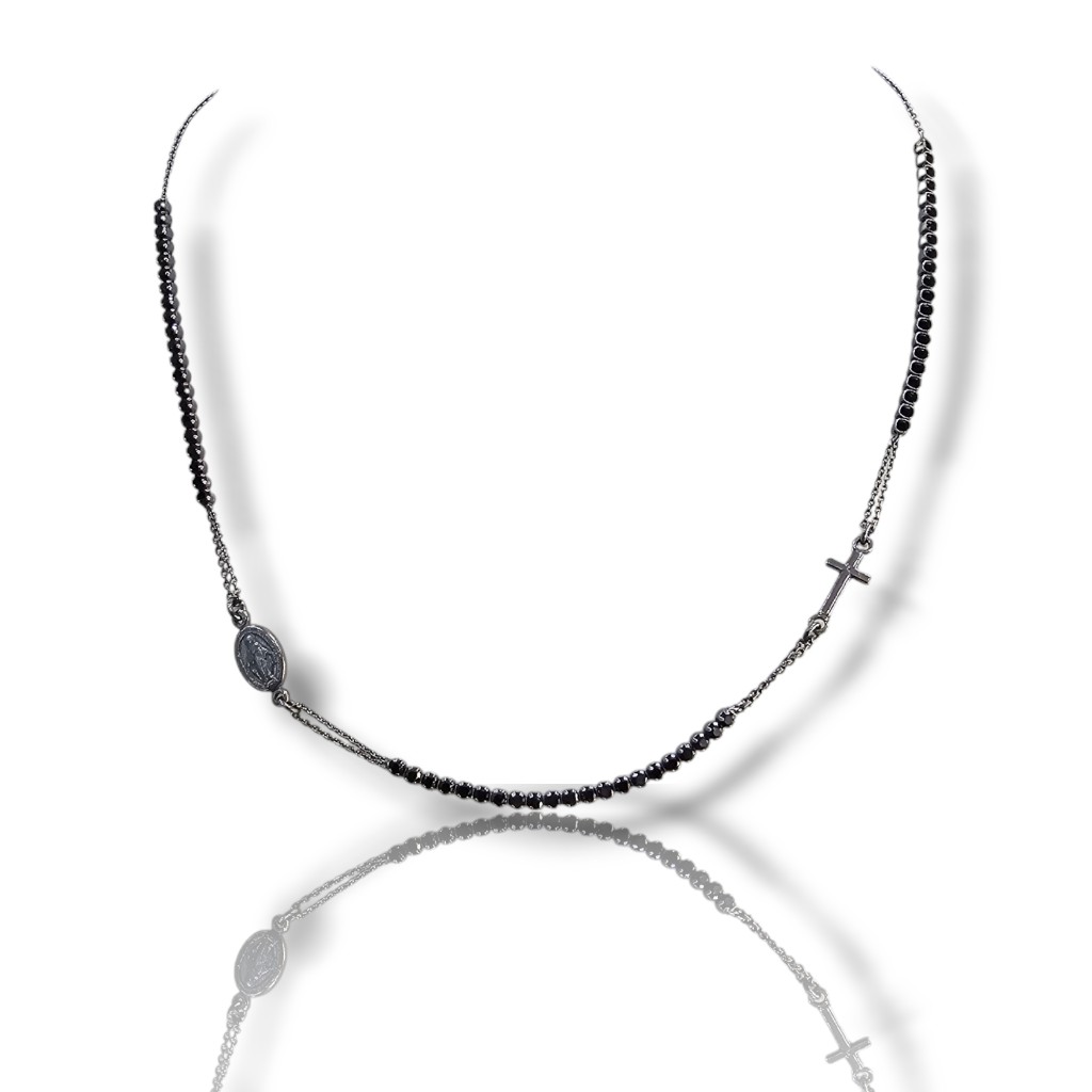 Ροζάριο απο επιπλατινωμένο (μαύρο) ασήμι με μαυρες συνθετικές πέτρες 925° (SHK905127N)